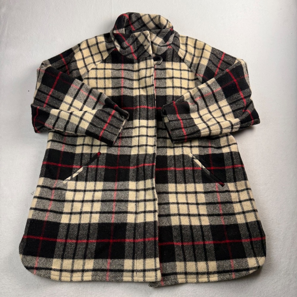 Orvis Mens Plaid Wool Blend Car Coat Jacket Cream Black Red Size Medium